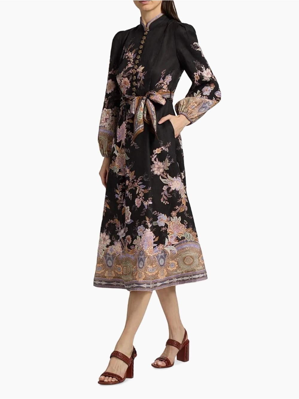 Zimmermann Black Midi Dress with Pink and Gold Floral Print Size 3 NWT